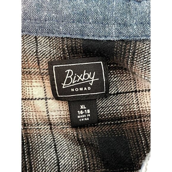 NWOT Bixby Nomad Boys XL 16-18 Long Sleeve Brown Black Plaid Button Down Shirt - Picture 6 of 7